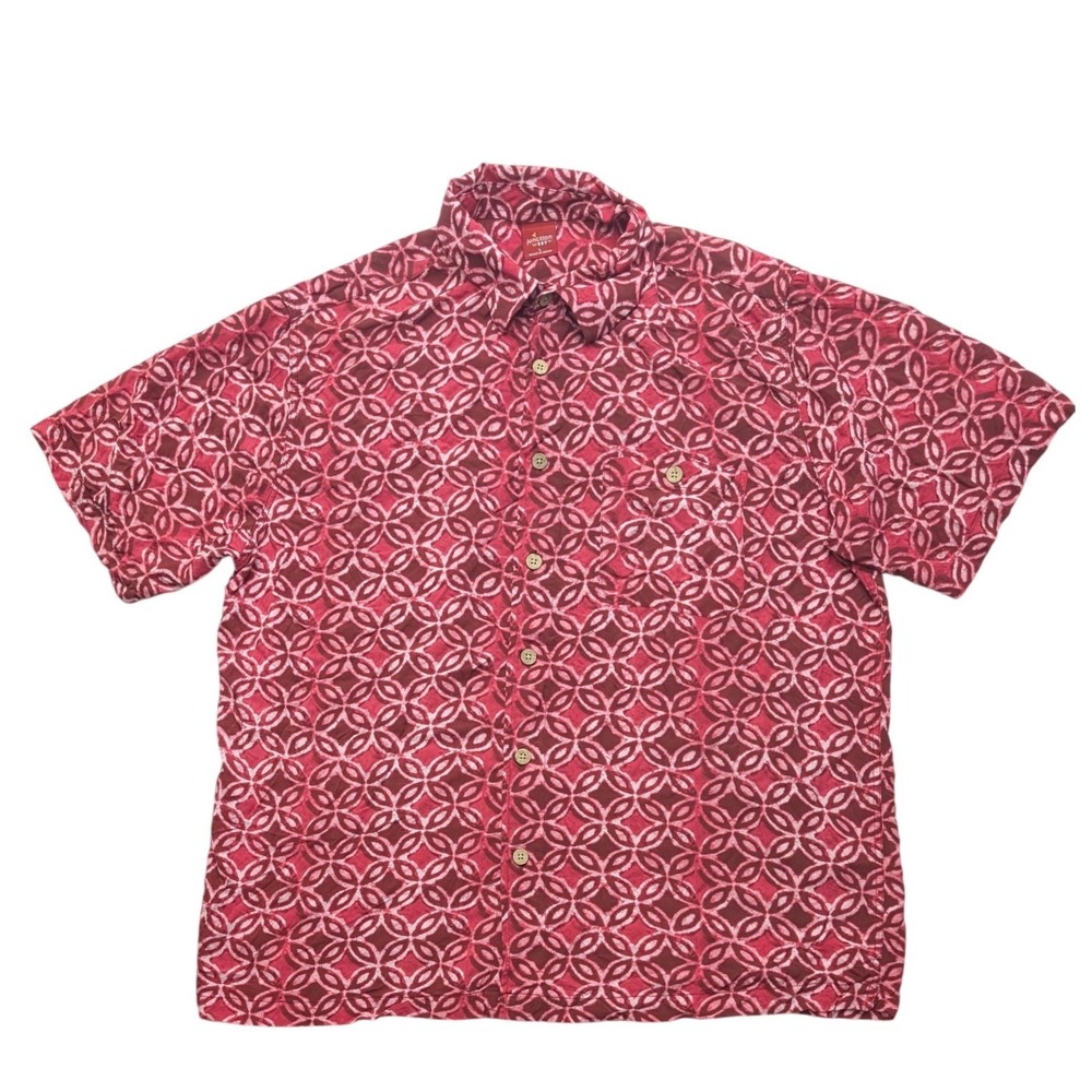 Junction West Button Down Shirt Mens Large Red Pink Rayon Geometric Short Sleeve